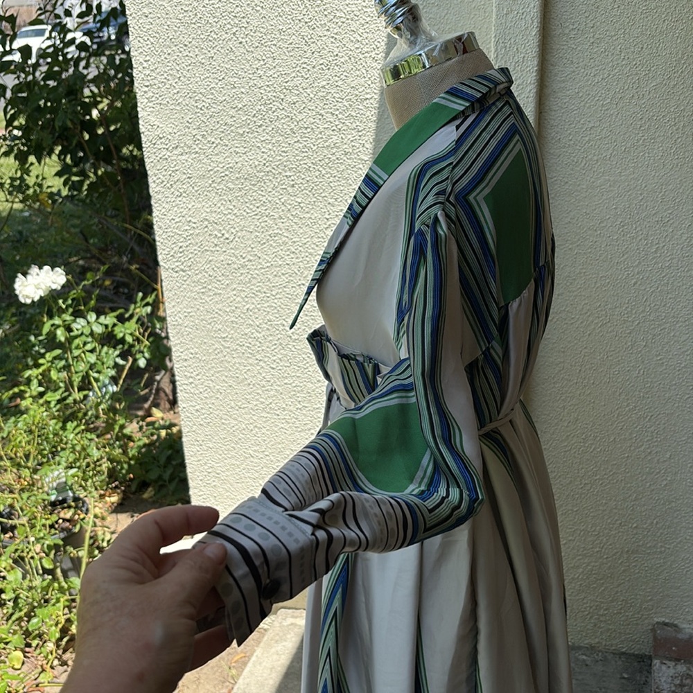 NWOT Beulah luxury brand Striped Green & Blue midi Dress w/ buttons & tie waist - Picture 7 of 13